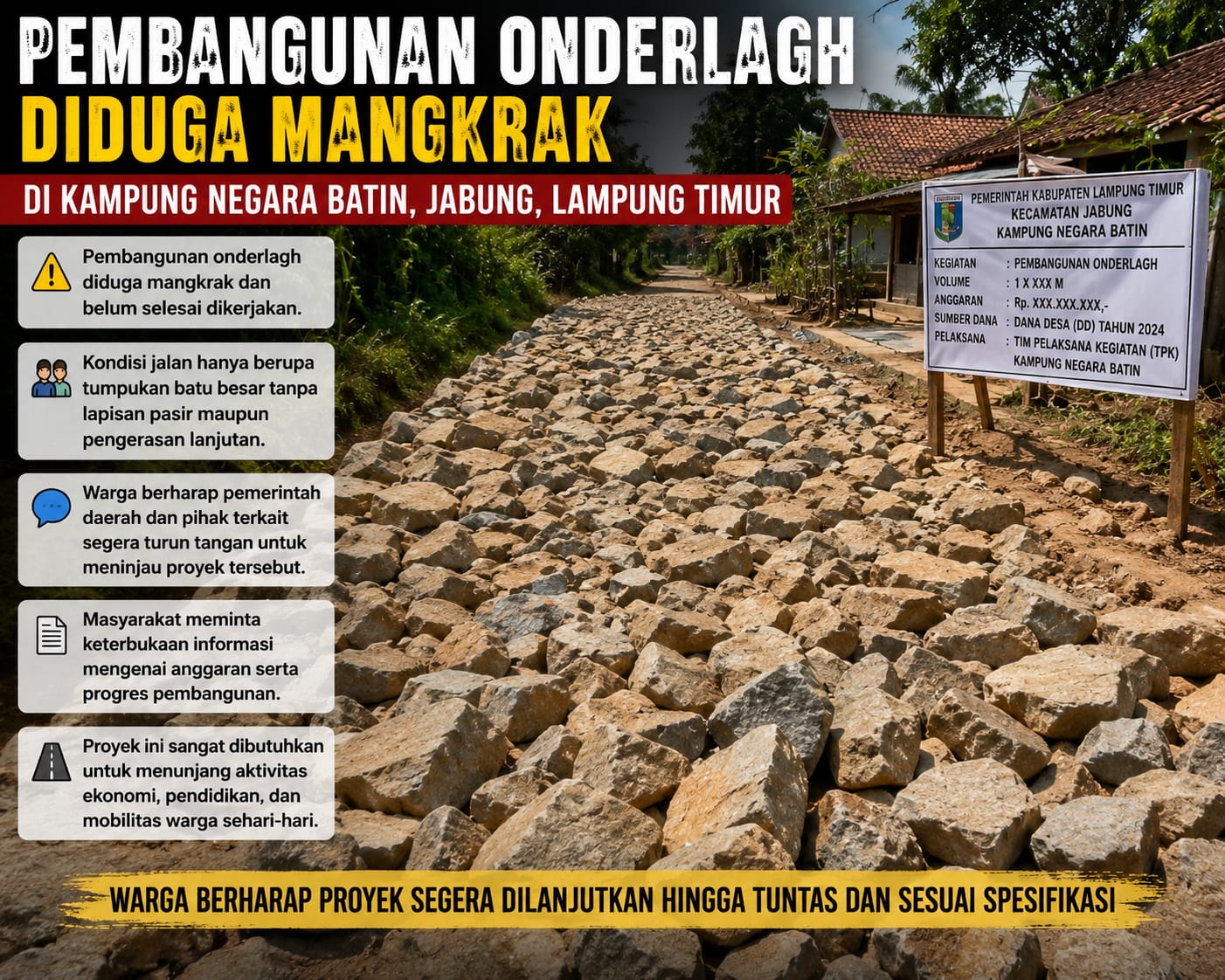 Pembangunan Onderlagh Diduga Mangkrak, Warga Negara Batin Pertanyakan Penggunaan Dana Desa